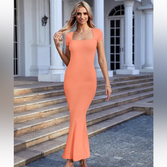 Women's Elegant Square Neck Long Dress Ribbed Bodycon Maxi Formal Dress, size M - Picture 4 of 9